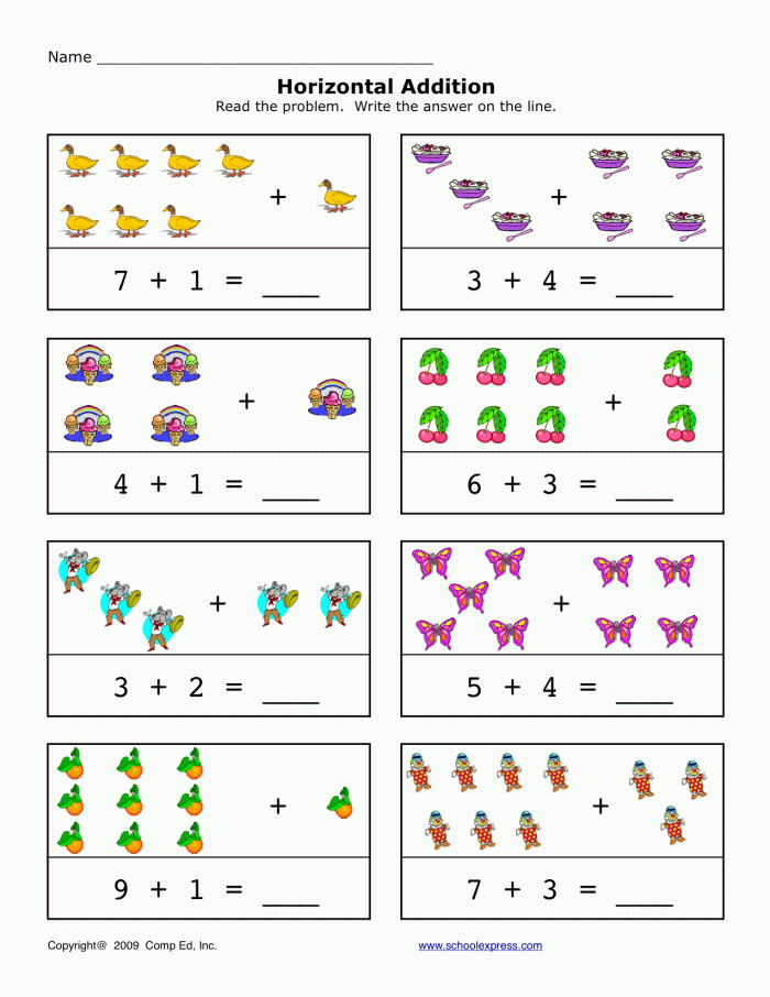 Kindergarten addition to 10 worksheet featuring balloons and cupcakes for math practice
