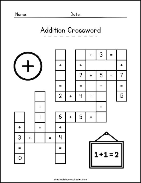 Fun math activity for young learners to practice addition facts with a crossword format Addition crossword puzzle worksheet for kindergarten, focusing on sums to 10