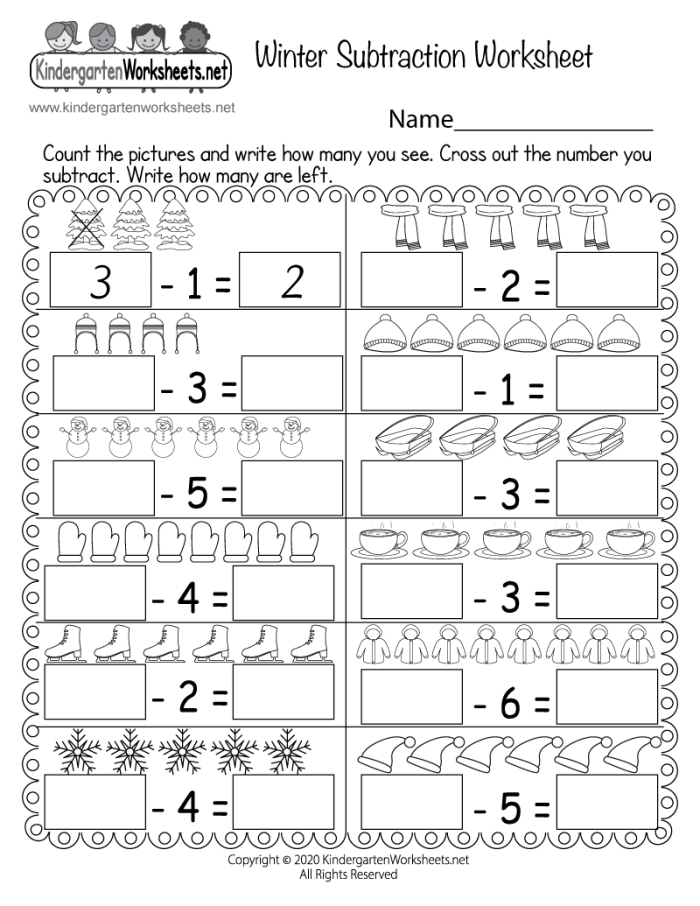 Winter-themed addition worksheet for kindergarten students to practice math skills