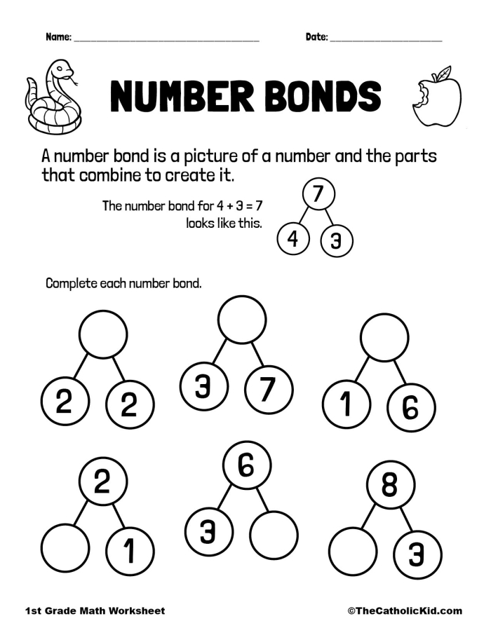 Kindergarten student worksheet for practicing addition by solving missing number bonds within 10