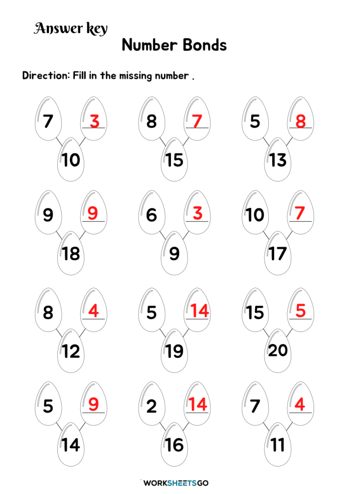 Worksheet for fixing number bonds in addition for kindergarten students