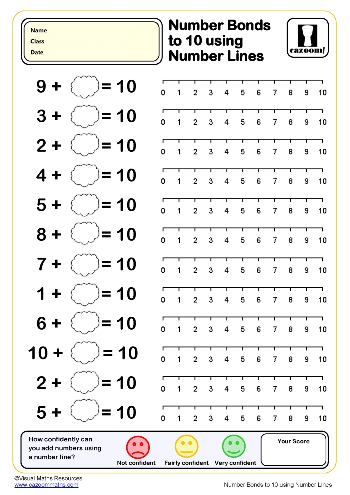 Kindergarten student worksheet for practicing addition by filling in missing values in number bonds up to 10