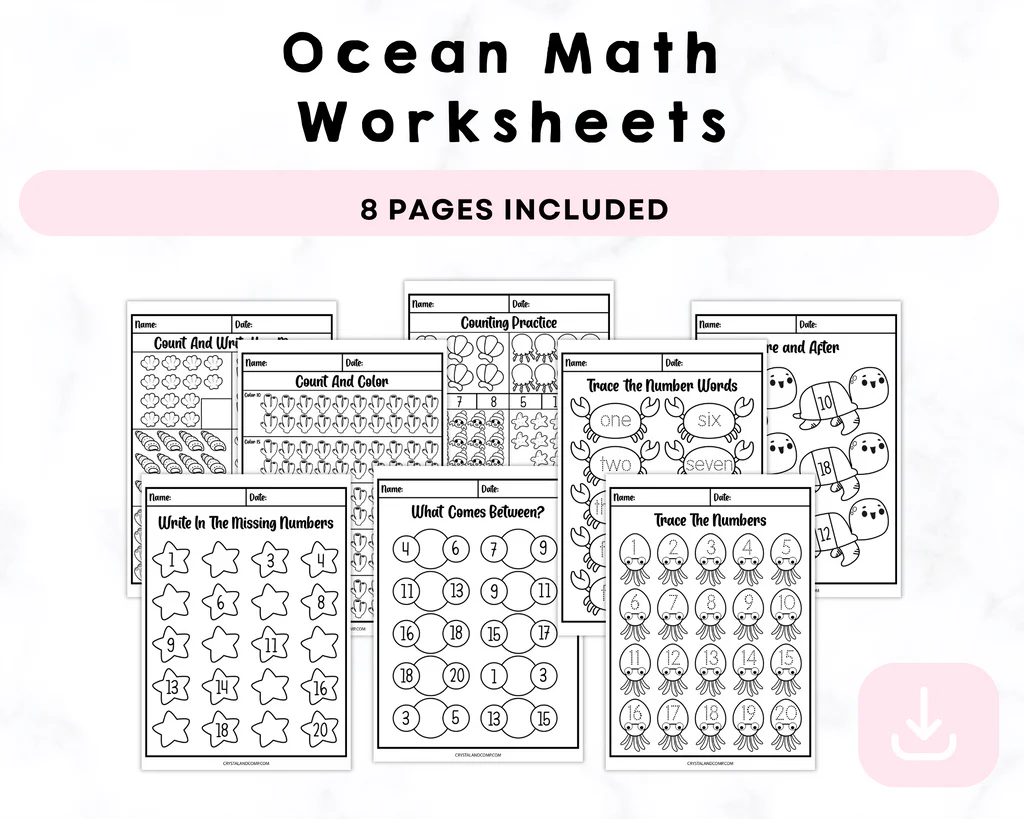 Kindergarten ocean math worksheet for practicing single-digit addition sums