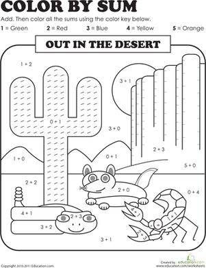 Kindergarten math worksheet showing colorful sea creatures with simple addition problems to solve and color