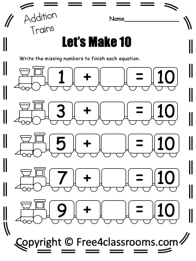 Kindergarten addition to 10 worksheet featuring balloons and cupcakes for math practice