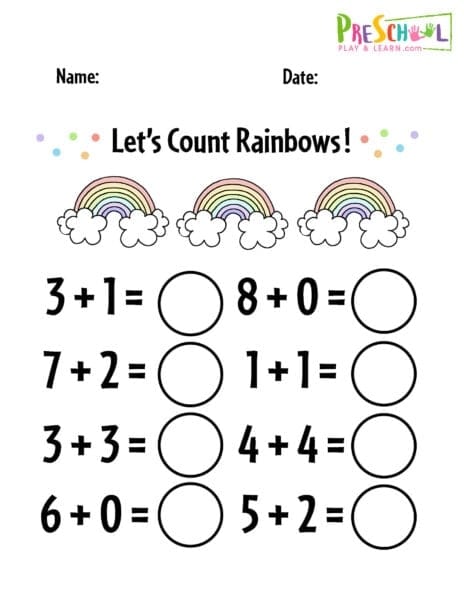 Colorful addition to 10 worksheet featuring balloons and cupcakes for kindergarten students