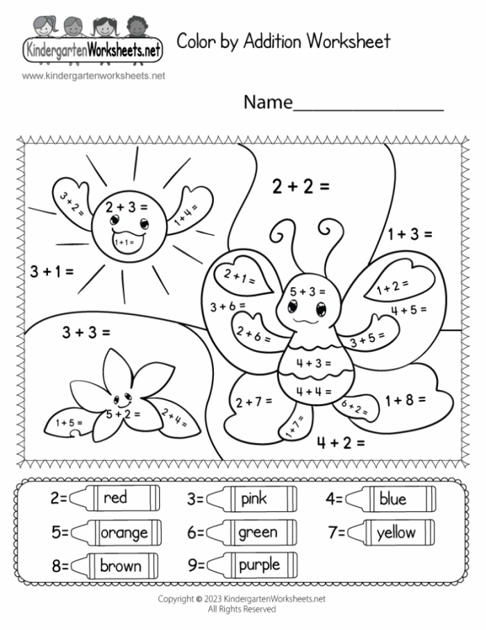 Kindergarten student solving simple addition problems with colorful sea creatures in an underwater themed math worksheet