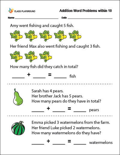End of Year Math Assessment worksheet focusing on addition and subtraction word problems for kindergarten students