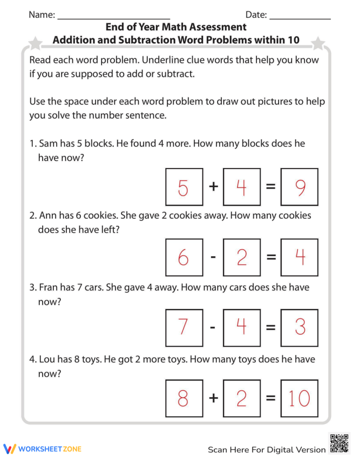 Kindergarten math worksheet for assessing addition and subtraction word problems within 10