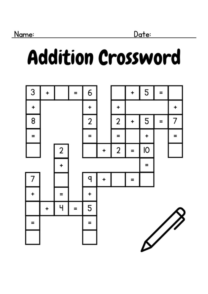 Addition Crossword Puzzle Worksheet Number 23 for Kindergarten Math Practice Kindergarten student practicing math with an addition crossword puzzle that sums to 10