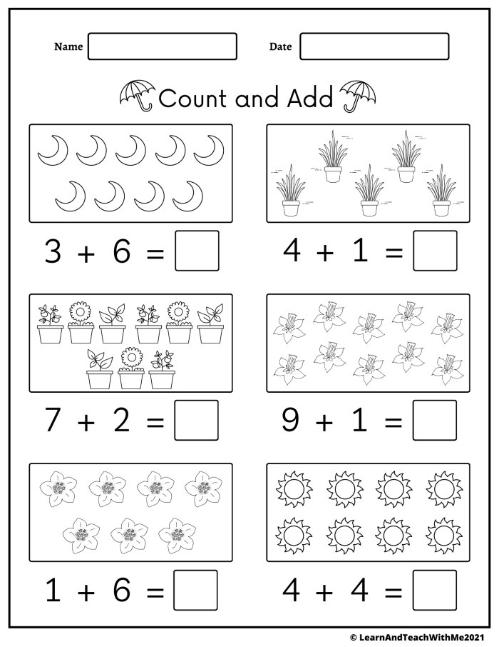 Colorful addition to 10 worksheet featuring balloons and cupcakes for kindergarten students