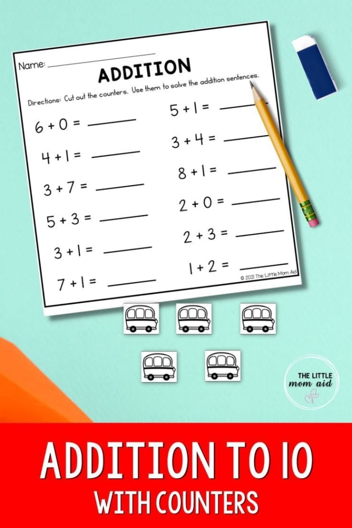 Colorful addition worksheet for kindergarten featuring balloons and cupcakes for sums up to 10