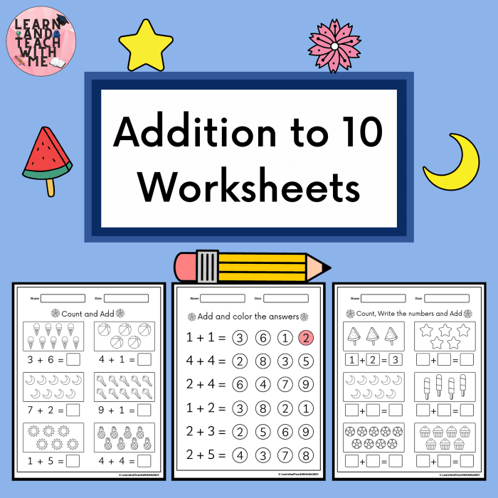 Kindergarten students solving addition to 10 problems with balloons and cupcakes worksheet 3