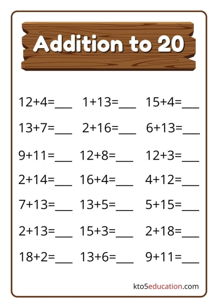 Adding Up To 20 Balloon Math Worksheet for Kindergarten 12 Kindergarten math worksheet featuring colorful balloons for practicing addition problems up to 20
