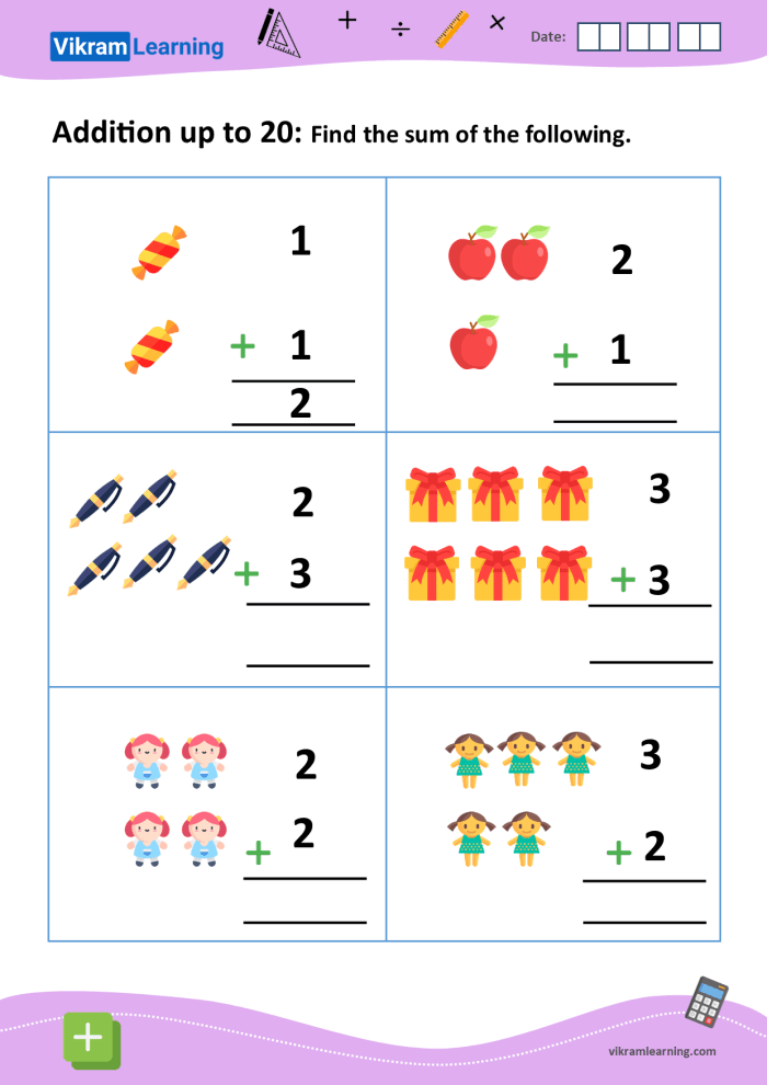 Addition worksheet for Kindergarten Colorful worksheet for kindergarten students practicing addition up to 20 with balloons. Fun and engaging adding numbers activity for young learners.