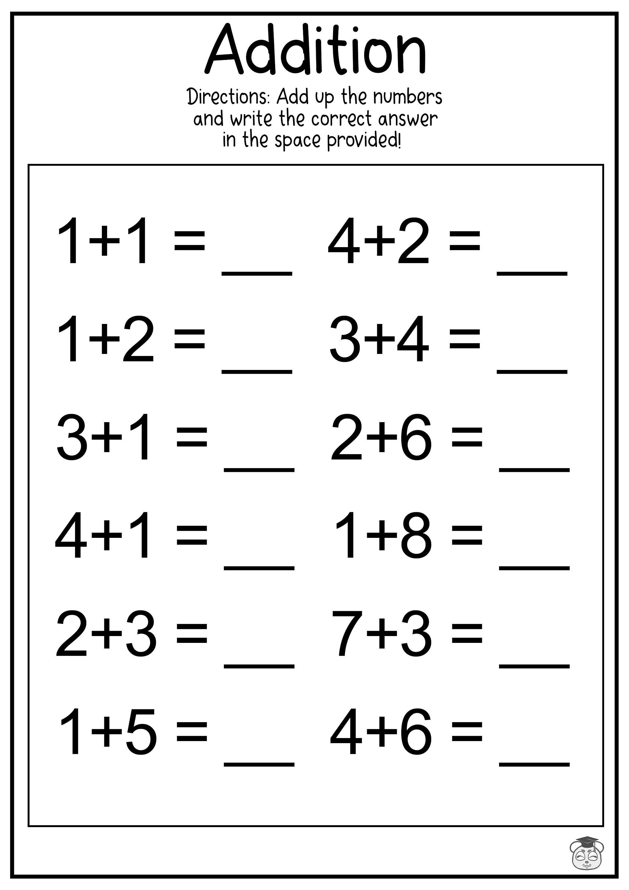 Kindergarten worksheet featuring addition problems to 10 with colorful balloons and cupcakes for students to solve
