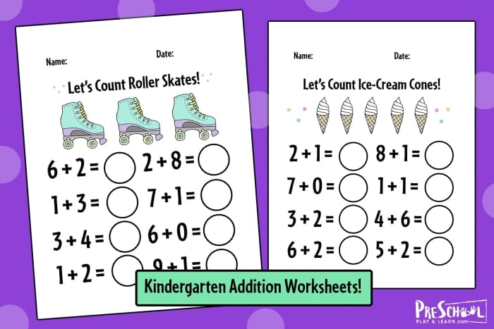 Kindergarten addition to 10 worksheet featuring balloons and cupcakes for math practice