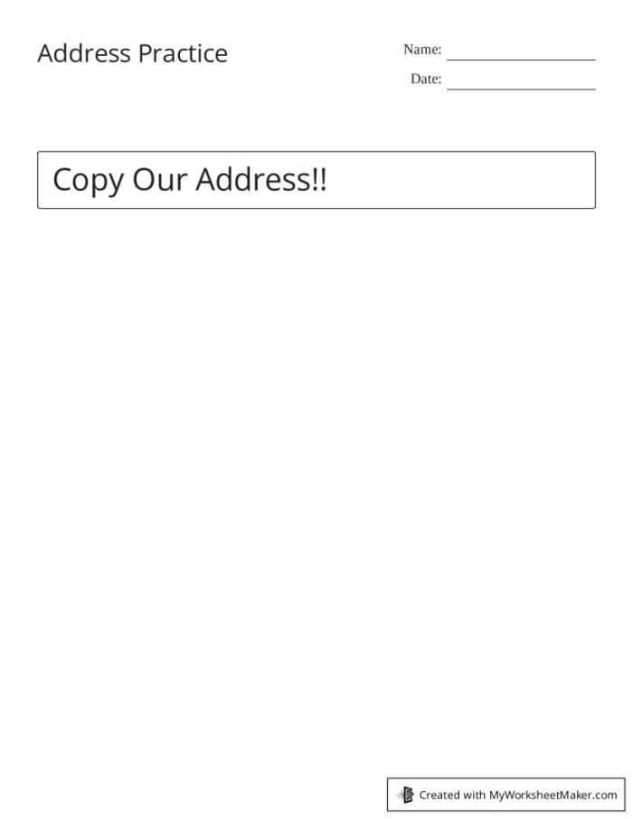 Kindergarten student practicing how to write their home address on a printable envelope template