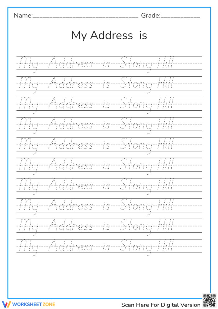 Kindergarten student practicing how to write their home address on a printable envelope worksheet