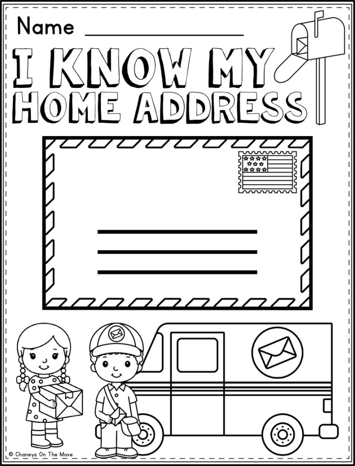 Kindergarten student practicing writing their home address on a printable envelope template