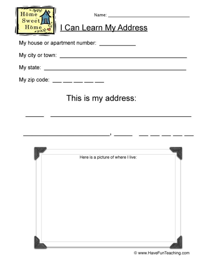 Worksheet for teaching kindergarteners how to write their address using a creative envelope template