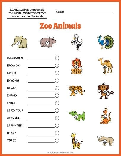 At the Zoo multiplication practice page number ten for young learners Kindergarten multiplication worksheet featuring cute zoo animals for identifying adjectives