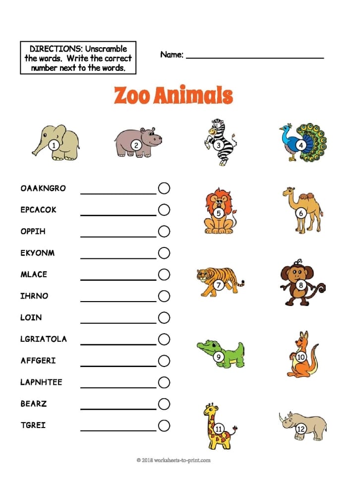 At the Zoo multiplication worksheet for early learners Adjective identification worksheet featuring animals at the zoo for kindergarten students
