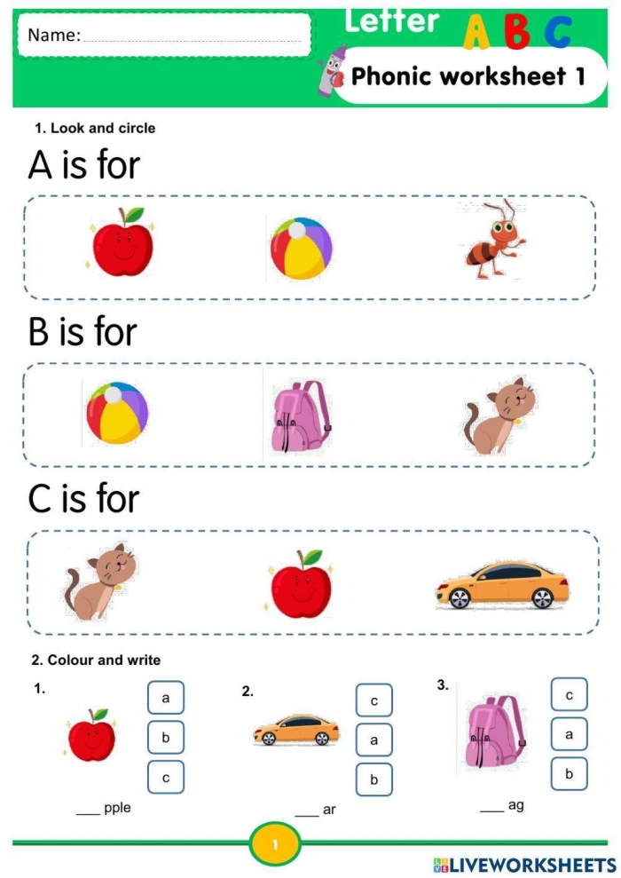 Kindergarten alphabet word search worksheet featuring letters A B and C for early literacy practice
