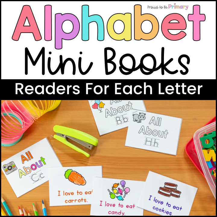 Kindergarten student creating colorful alphabet letters in a folded mini book template for phonics learning