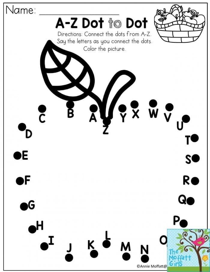 Kindergarten worksheet with a connect the dots puzzle featuring Mr. Cat from A to Z