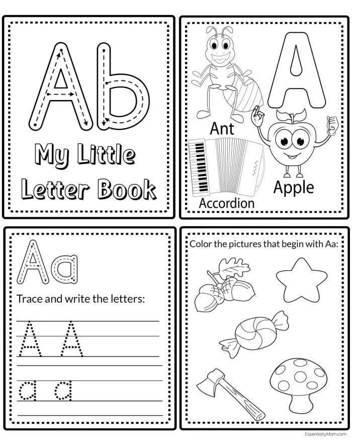 Kindergarten student creating a colorful alphabet mini book with letter templates and illustrations