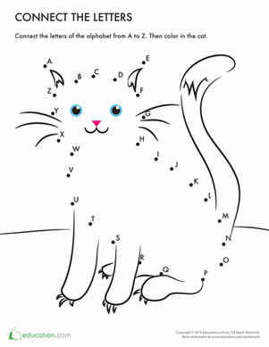Connect the dots from A to Z to reveal Mr. Cat on this kindergarten worksheet