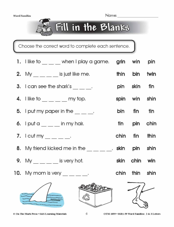 Worksheet featuring a fun word family story with words ending in "-an" for kindergarten students