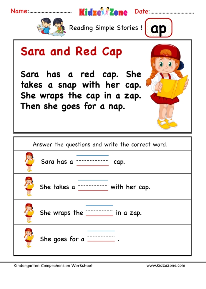 Worksheet featuring a word family story with four "-an" words for kindergarten students