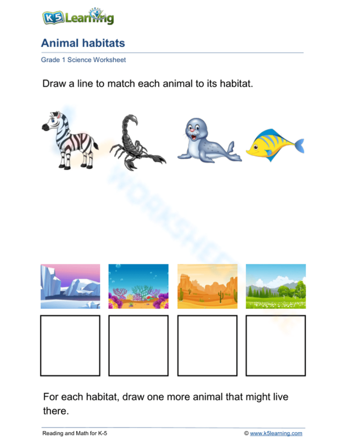 Animal Habitats Matching Exercise 23 for Early Learners Kindergarten students matching animals to their natural homes in a colorful habitat worksheet activity