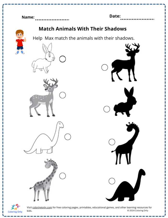 Kindergarten student matching CVC words to cute animal pictures worksheet