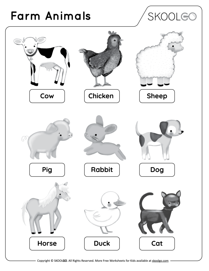 A kindergarten student completing a picture crossword puzzle worksheet with farm animal clues and images