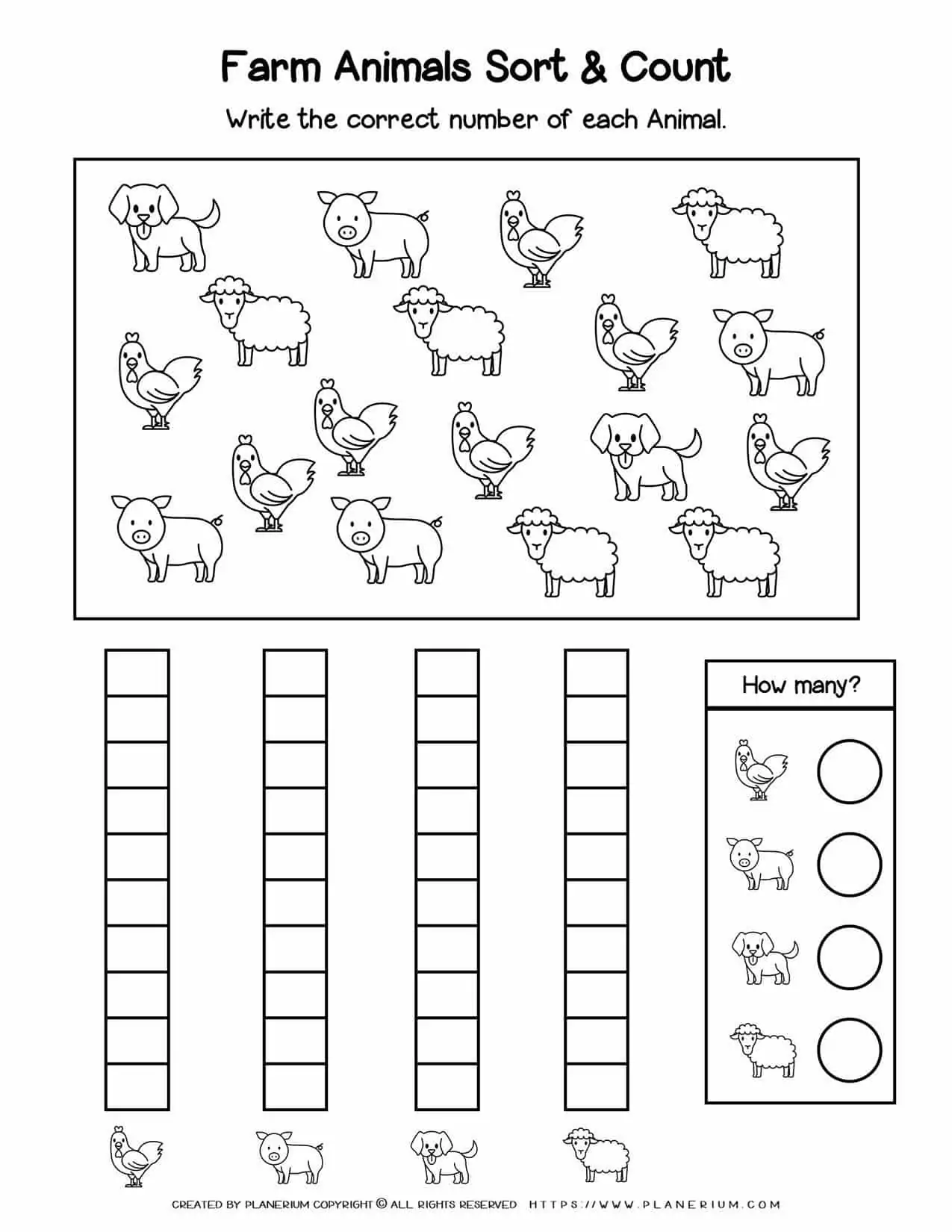 Picture crossword puzzle worksheet featuring farm animals with visual clues for kindergarten students to solve