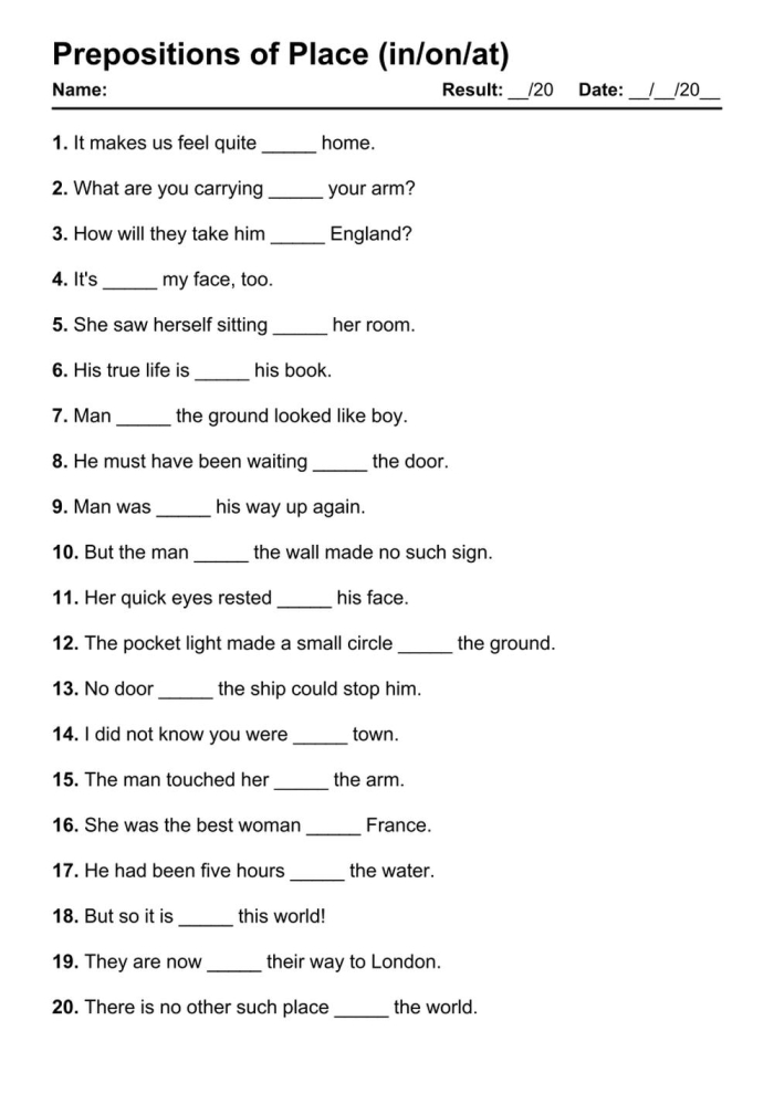 Preposition exercises worksheet for kindergarten students during art time