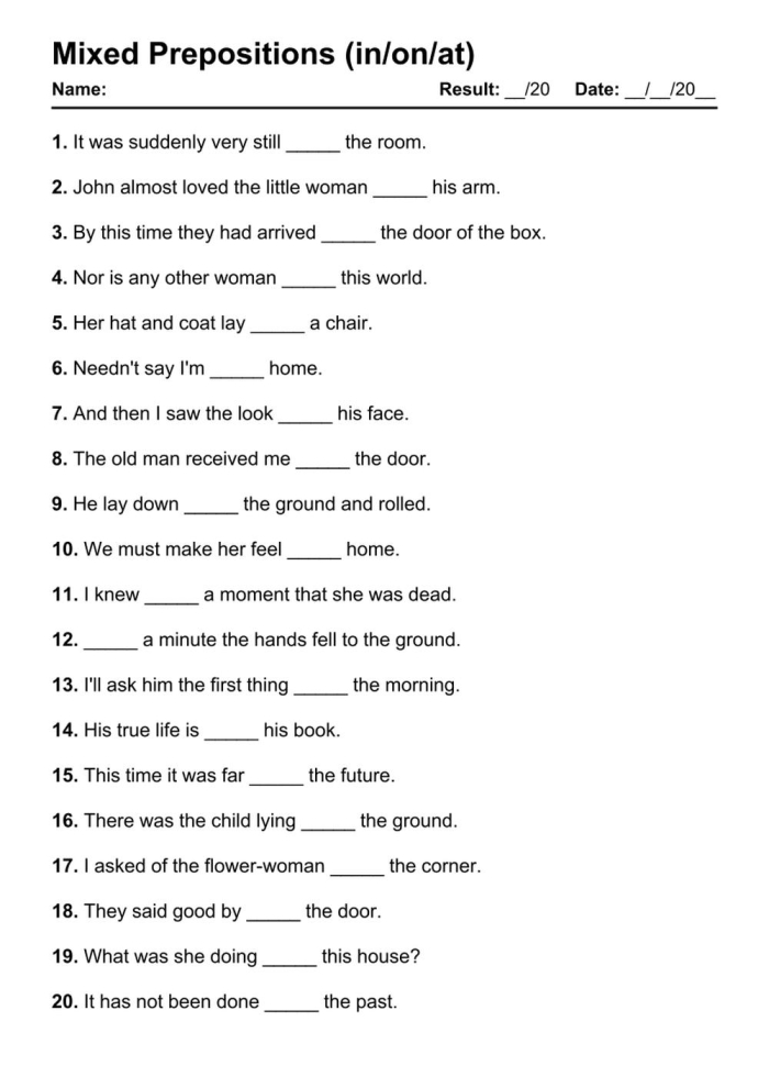Preposition exercises worksheet for kindergarten students during art time
