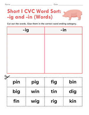 Short A CVC Word Sort Worksheet -at and -an Pictures Kindergarten worksheet featuring a short A CVC picture sort for -at and -an words