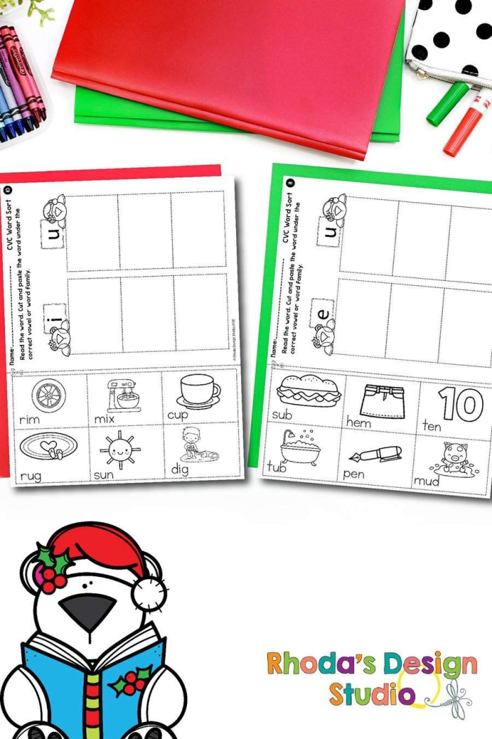 Short A word family sort activity with CVC word picture cards for kindergarten phonics practice Picture cards showing cat, bat, mat, rat, can, fan, and pan for sorting into -at and -an word families