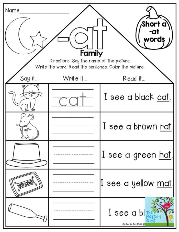Kindergarten worksheet featuring pictures to help students practice spelling words in the at family
