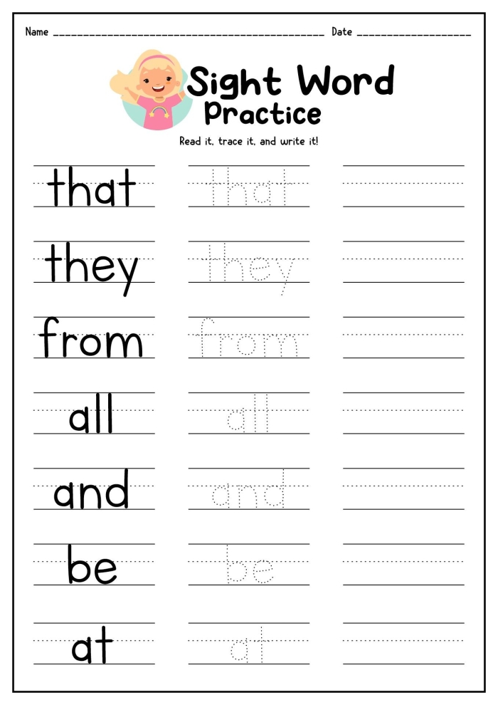Worksheet designed for kindergarteners to practice the sight word "at