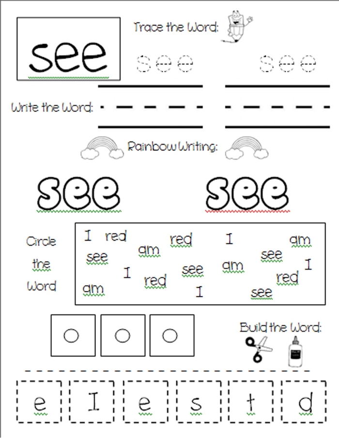 Kindergarten phonics worksheet focused on writing and tracing the sight word at