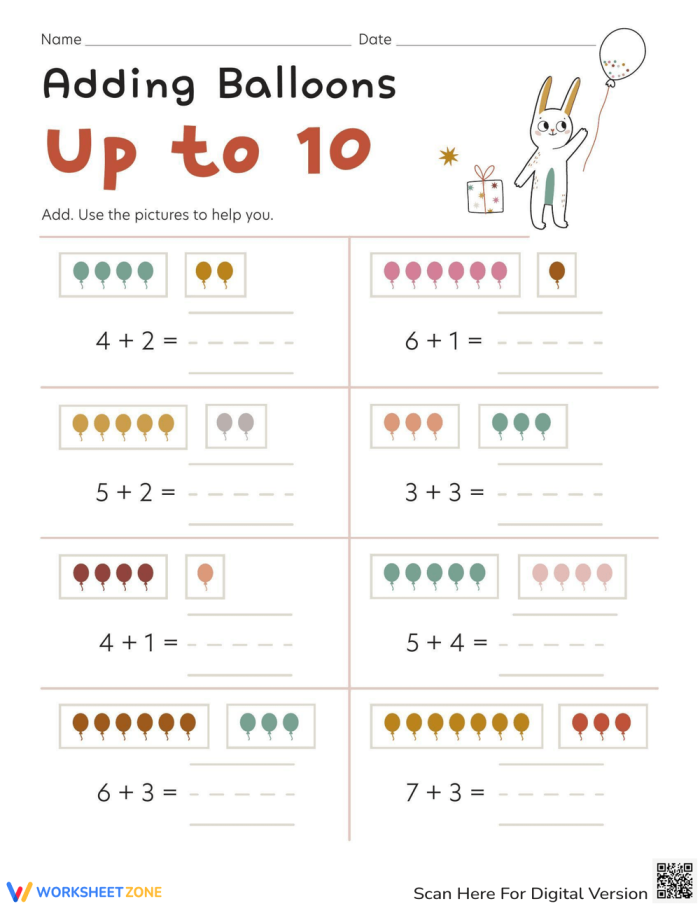 Kindergarten students practice basic math skills by counting and adding colorful balloons in this addition worksheet