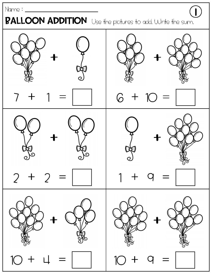 Colorful worksheet for kindergarteners to practice adding balloons up to 10