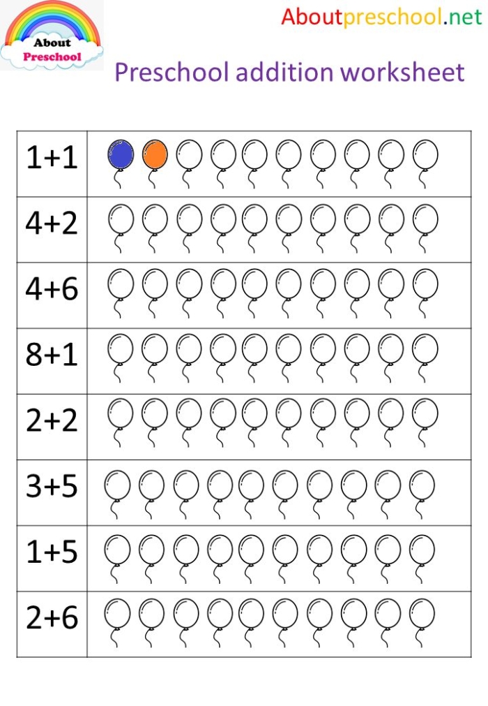 Worksheet for teaching kindergarteners to add balloons up to 10