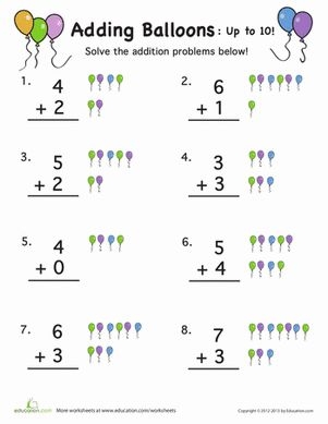 Colorful worksheet featuring balloons for adding numbers up to 10 for kindergarteners