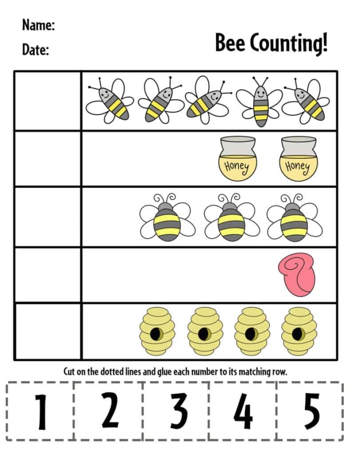 Missing Numbers Counting Bee Worksheet Number Four Kindergarten student filling in the blanks on a bee-themed honeycomb number grid worksheet